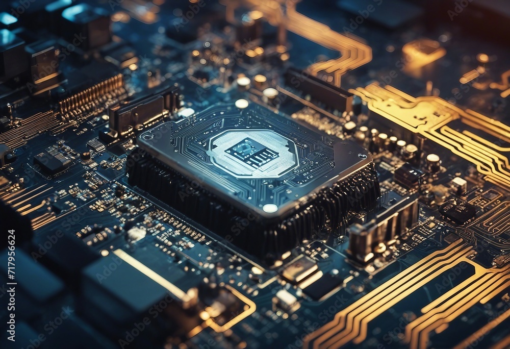 Poster secure connection or cybersecurity service concept of compute motherboard closeup and lock with logi