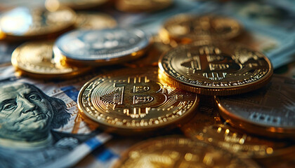 Golden symbolic coin Bitcoin on banknotes of one hundred dollars. Exchange bitcoin cash for a dollars. Cryptocurrency on US dollar bills. Digital modern method of payment. Savings, investments concept