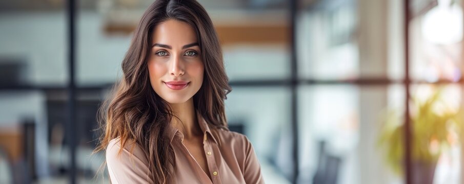 An attractive young  businesswoman is giving a presentation in an office room