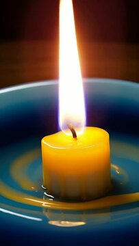 Close-up image of blue and yellow candle burning serenely
