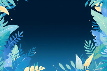Fototapeta na wymiar A collection of blue tropical leaves illustration forms a frame against a dark blue background, creating a foliage plant background with space for copy.