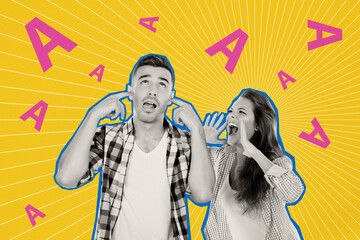 Creative collage poster partners couple have argument quarrel shouting loud wife man close ears...