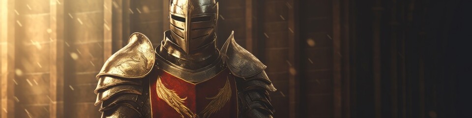 Medieval knight in shining armor holding a broadsword