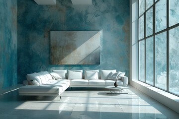 Interior of modern living room with blue walls, concrete floor, comfortable white sofa and mock up poster. 3d rendering
