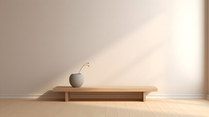 Abstract white floor and a wooden bench and vase,,
Minimalist living room interior with wooden floor, decor on a large wall.