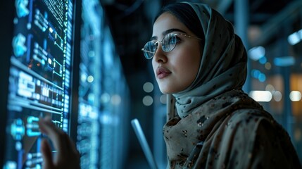 Portrait of a young muslim woman wearing hijab and looking at the monitor with stock market data.