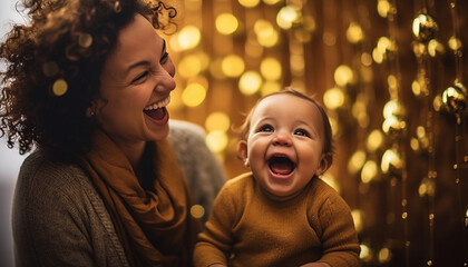 a 35-year-old woman sitting next to a laughing baby against a festive backdrop