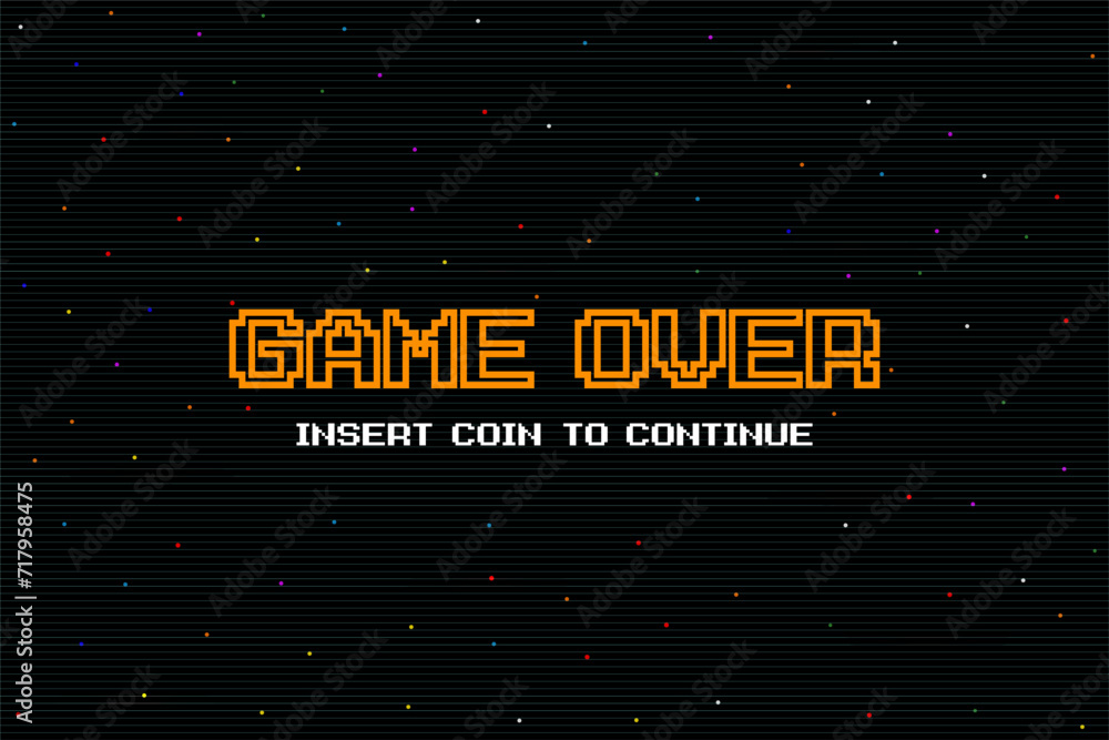 Poster game over insert a coin to continue .pixel art .8 bit game. retro game. for game assets .retro futur