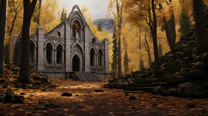 medieval monastery in the forest illustration