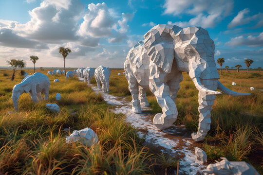 A modern art piece depicting polygonal elephants walking through a grassy landscape. The image shows the contrast between the geometric design of the elephants and the natural setting of the grassland