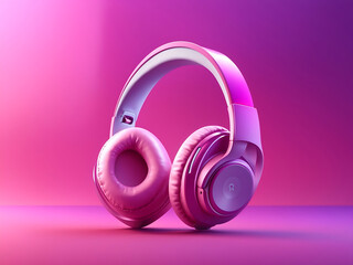 stylish 3d icon of generic wireless headphones on pink purple gradient background design, mixed digital 3d illustration and matte painting 3D rendering design.