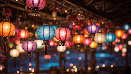 Colorful background of colorful oriental lanterns. AI - obrazy, fototapety, plakaty