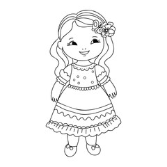 Cute little girl stands In cartoon style. girl coloring book for children vector sketch