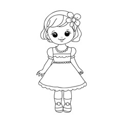 Cute little girl stands In cartoon style. girl coloring book for children vector sketch