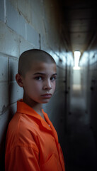 A Hispanic boy wearing a orange jumpsuit at a Juvenile detention facility. A total of 20% of youths in juvenile facilities are Latinx, and they comprise 25% of all youth across the United States. - obrazy, fototapety, plakaty