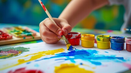 Naklejka premium A child's hand holds a paint brush and draws on a white sheet of paper. Children's creative activities at school, kindergarten, at home, as well as in creative studios.