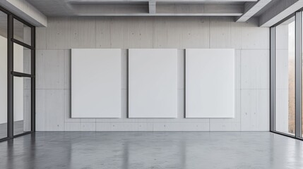 Photo of the interior of the exhibition hall. White canvases on concrete walls. Can be used as a mockup.