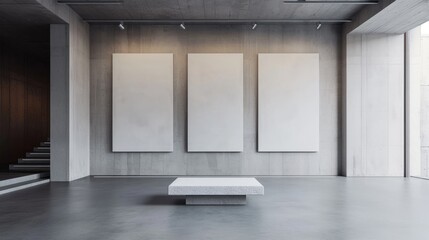 Photo of the interior of the exhibition hall. White canvases on concrete walls. Can be used as a mockup.