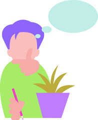 Illustration of a person thinking and planning with a pencil and a plant pot