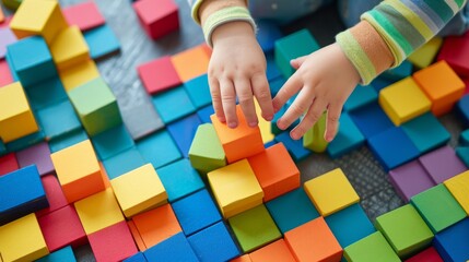 Child's hands against a background of multi-colored cubes. The child plays by collecting cubes of...