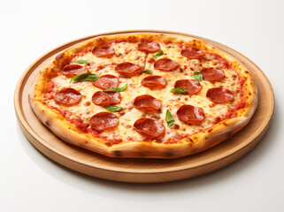 a large round pizza, in the style of soft-focus, glossy finish, white background, focus on joints/connections, cut/ripped,