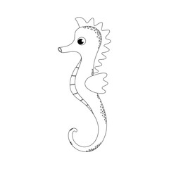 Seahorse. Cute cartoon inhabitant of the sea. Hippocampus. Vector. Black and white. Isolated on white background. Coloring.
 
