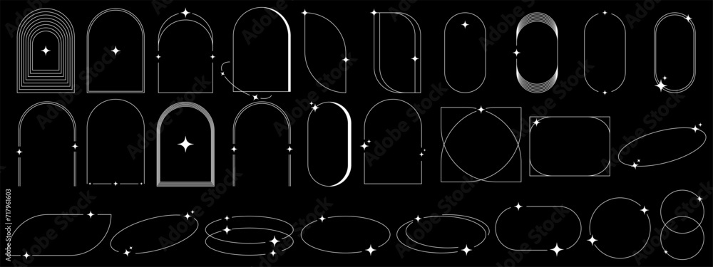 Poster modern white minimalistic aesthetic linear frames on black background. retro stars, starburst icons 