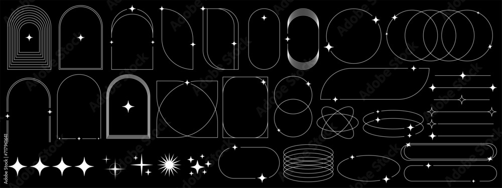 Poster modern white minimalistic aesthetic linear frames on black background. retro stars, starburst icons 