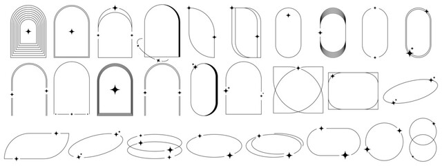 Modern minimalist aesthetic linear frames. Retro stars, starburst icons and minimalist frames and borders with twinkle star. Vector trendy icons and symbol. EPS 10