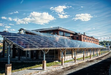 Fototapeta premium A building with solar panels on the roof and a blue sky with clouds above.