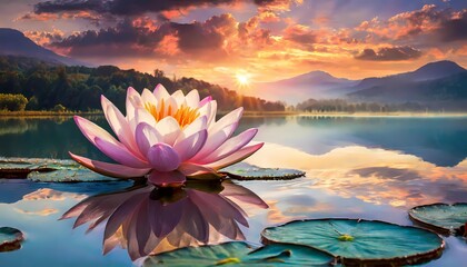 Pink lotus flower on a quiet lake in the sunset, yoga, zen, meditation background, silence, calm, relax - obrazy, fototapety, plakaty