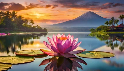 Deurstickers Pink lotus flower on a quiet lake in the sunset, yoga, zen, meditation background, silence, calm, relax © Gabriella88