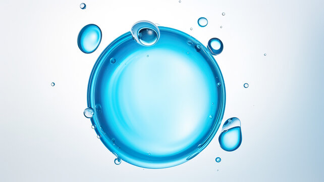 Pristine, glossy blue droplet with circles isolated on a close-up, white background