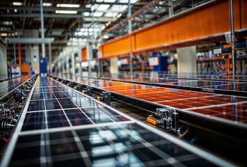 Solar panels lined up in a factory, with an orange shelf in the background.