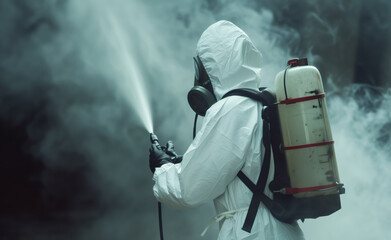 A man in a special suit with a respirator treats buildings inside and outside with special smoke, chemical weapons