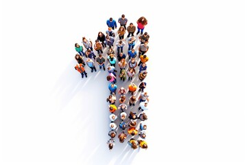 An aerial view capturing the collaborative arrangement of people forming the numeral "1," creating a visually engaging and cohesive composition against a clean white background