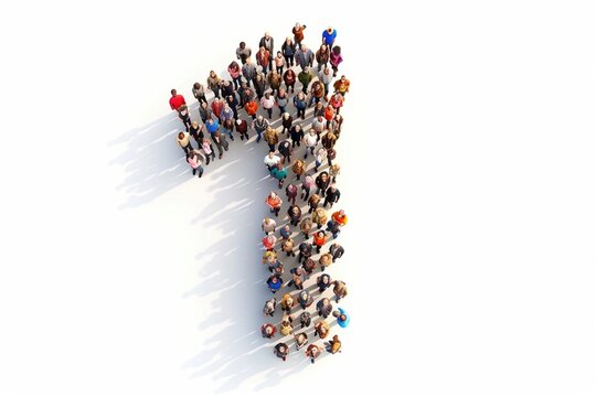 From above, a unique perspective showcasing individuals gathered to create the number "1," presenting a harmonious and isolated image against a pristine white backdrop