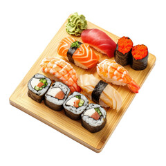 Japanese Sushi Rolls in bamboo board, Transparent background