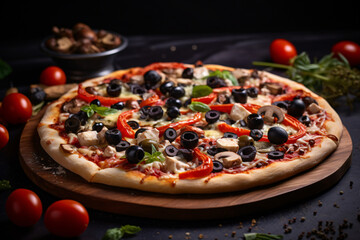 pizza with tomatoes and olives, in the style of soft-focus, precisionist, earthy elegance