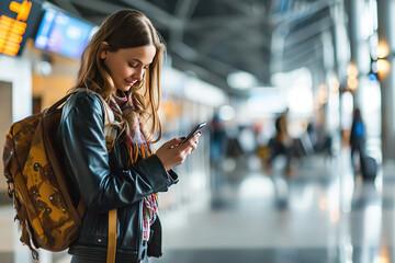 Woman using smartphone at airport - obrazy, fototapety, plakaty