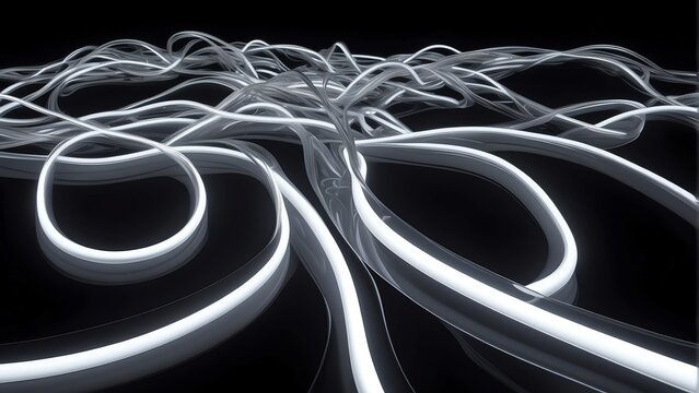 Smooth wavy glowing white neon light line on plain black background from Generative AI