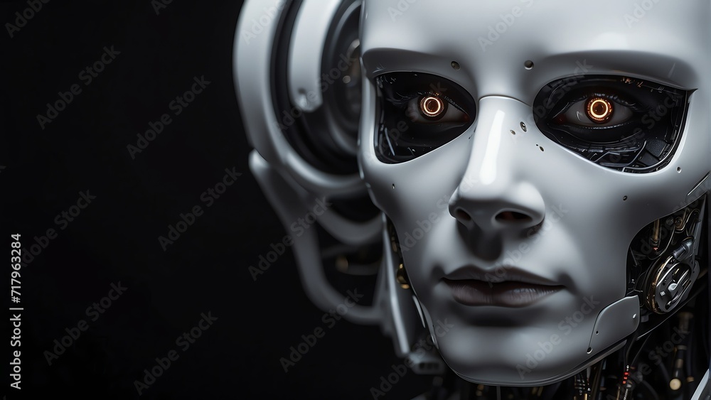 Aufkleber a white robotic head on plain black background from generative ai