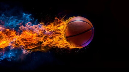 Obraz premium Professional Basketball ball Sports Equipment in fire flying on the black background. Horizontal Illustration. Sporting Gear Ai Generated Illustration with Active Game Basketball ball Sports Equipment