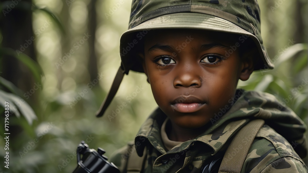 Poster portrait of a child soldier on camouflage uniform and forest background from generative ai