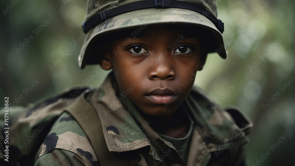 Poster portrait of a child soldier on camouflage uniform and forest background from generative ai