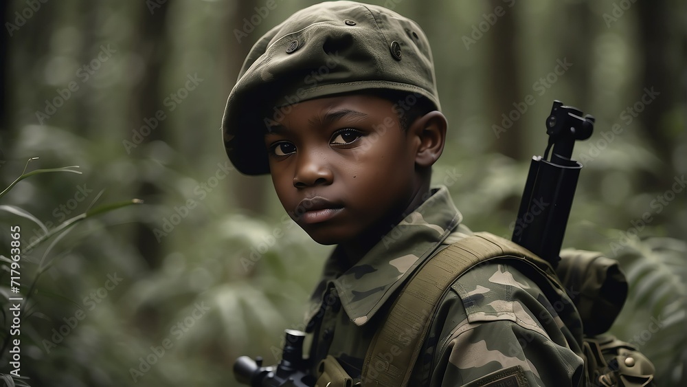 Poster portrait of a child soldier on camouflage uniform and forest background from generative ai