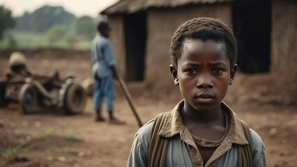 Portrait of a black african child as a farmer on poor village background from Generative AI