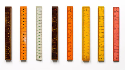 School rulers in inches and centimeters set apart on a white background - obrazy, fototapety, plakaty