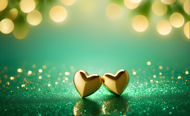 Fototapeta premium Two small gold heart on a sparkling soft green background, Valentine's Day, Christmas. Generative AI