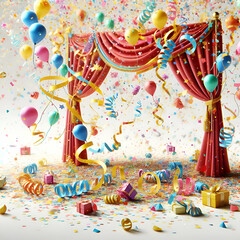 A Festive with Flying Colorful Confetti on a White Background